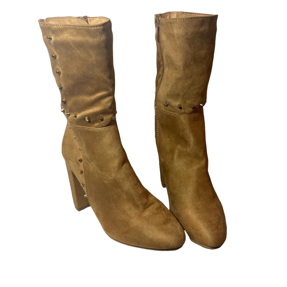 Belle Marie Vegan Suede Gold Studded Tall Ankle Booties/ Chunky Heel